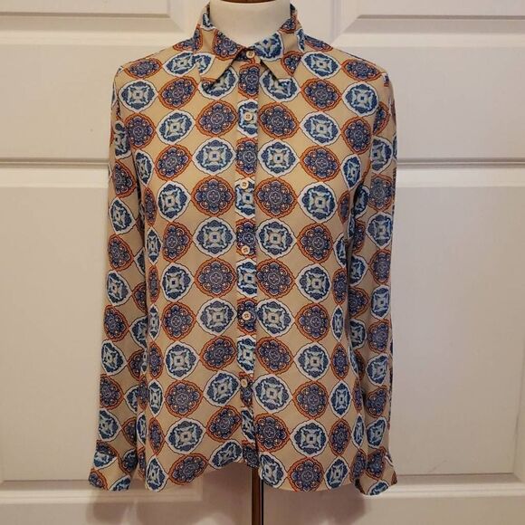 Cremieux 70's Vintage Style Patterned Sheen Long Sleeve Blouse Size Small‎ - Picture 1 of 4